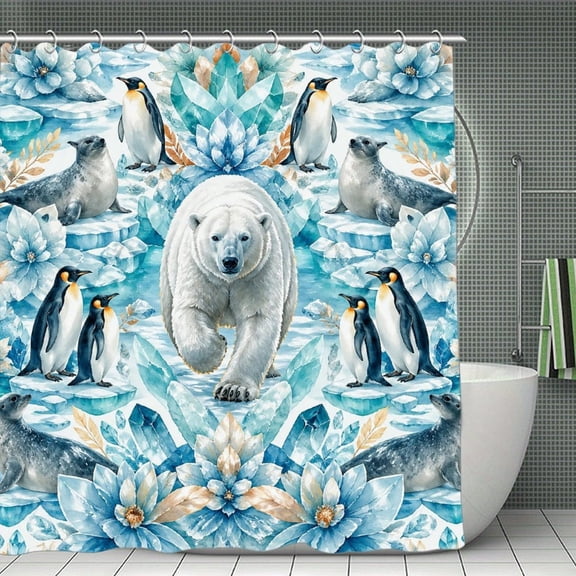 Polar Bear Penguin Ice Pattern Print Shower Curtain,Modern Fabric Waterproof Shower Curtain Set with Hooks,70.8×70.8Inch