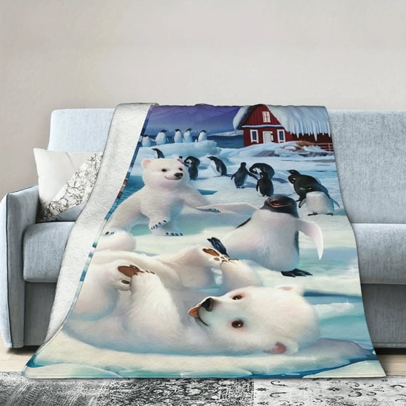 Polar Bear & Penguins Flannel Blanket - Soft All-Season Throw with Arctic Scene Design, Premium Light Beige-Friendly Fabric for Home, Office, Sofa - Perfect Cozy Gift for Holidays, Birthdays, Housewa