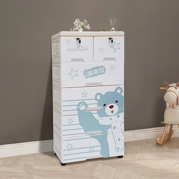 Polar Bear Plastic Dresser w/6 Drawers Playroom Bedroom Storage Cabinet 5 Wheels