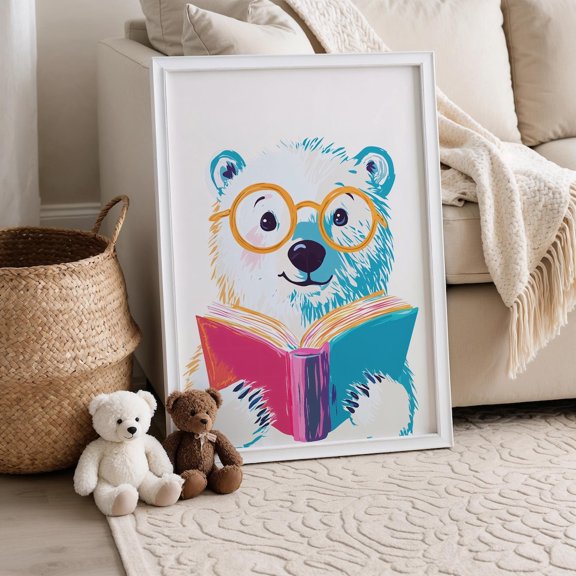 Polar Bear Reading Art Print Childrens Room Library Reading Nook Decor, Unframed Paper Poster 8x10in