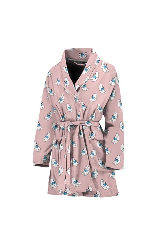 Polar Bear Reading Book Pattern Women Bathrobe One Size Univeral Fits, Book Reading Lover Fashion Lightweight Plush Fleece Long Robe For Women