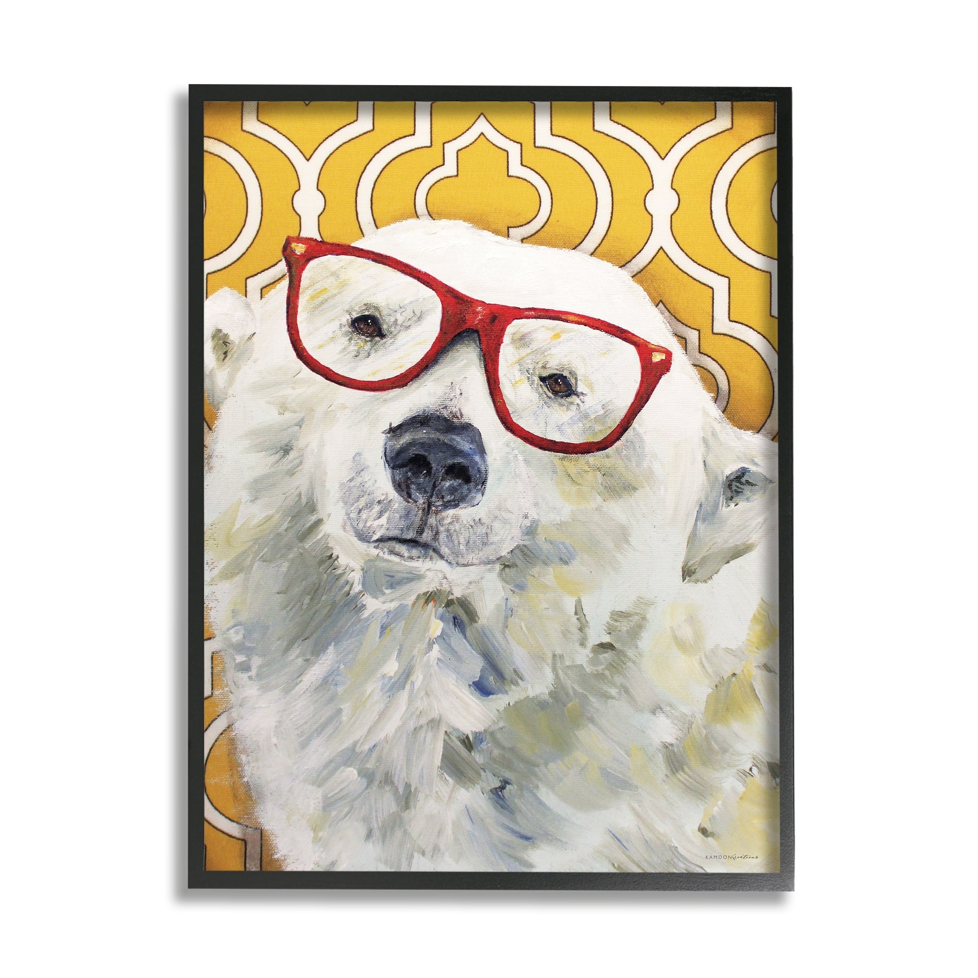 Polar Bear Red Glasses Bold Yellow Geometric Pattern 24 in x 30 in Framed Painting Art Print, by Stupell Home Décor