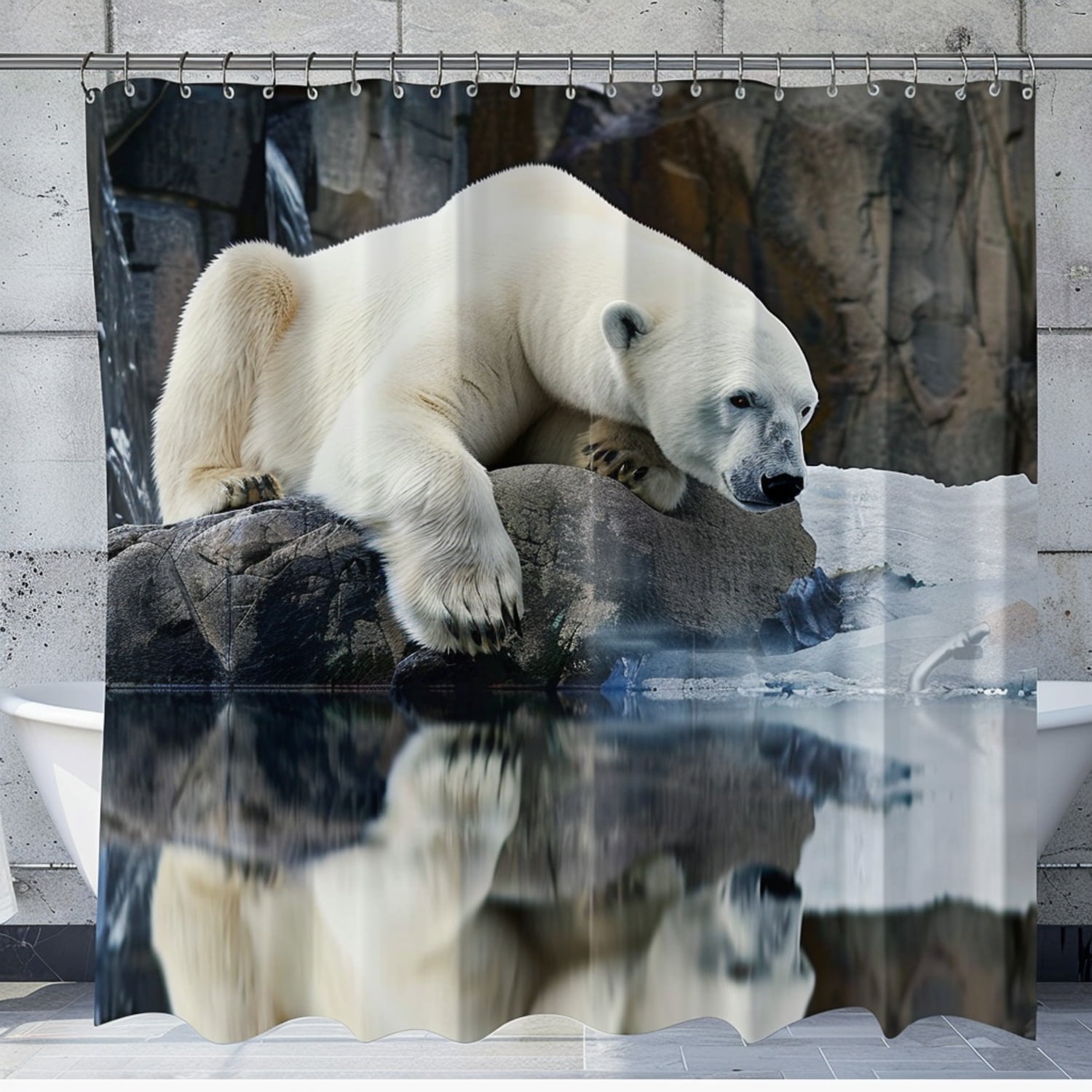Polar Bear Reflection Winter Scene Shower Curtain Realistic Photo Style