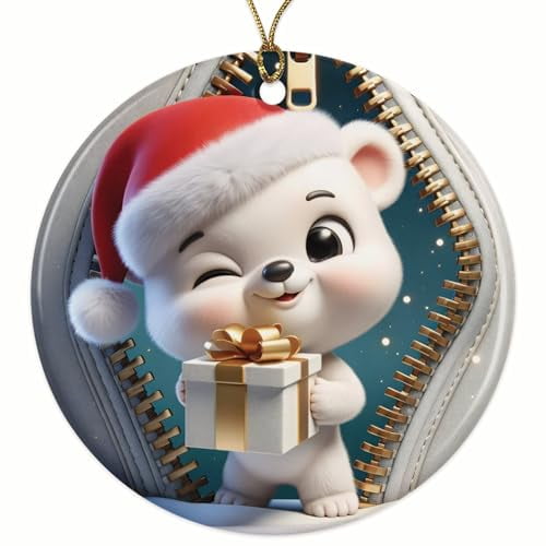 Polar Bear with Santa Hat Christmas Ornament - 3D Zipper Effect - 2.8" Round - Premium Glossy Ceramic with UV Printed Design - Gold String Included - Perfect Holiday D?cor - BMCO0117