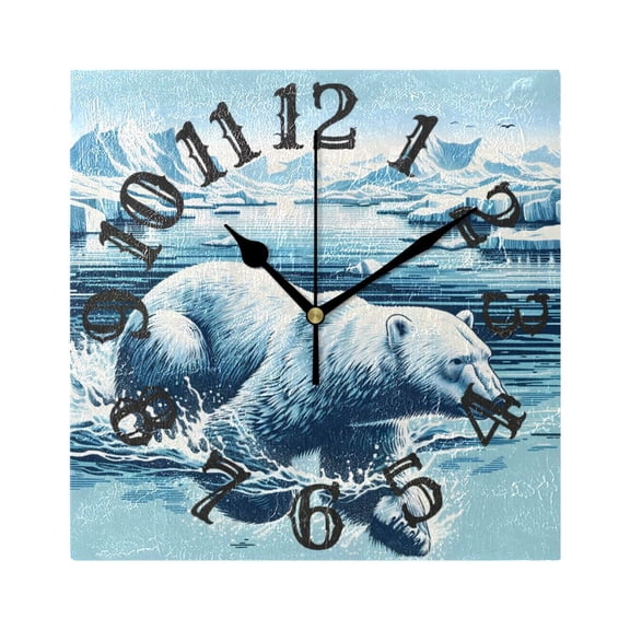 Polar Bear Sea Iceberg Wall Clock Square Silent Non Ticking Battery Operated Clock for Home Bathroom Kitchen Bedroom Living Room
