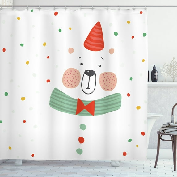Polar Bear Shower Curtain, Christmas Bear in Party Hat Looking Funny Humor Birthday Kids Playroom Art, Fabric Bathroom Set with Hooks, 69W X 70L Inches, Seafoam White, by Ambesonne