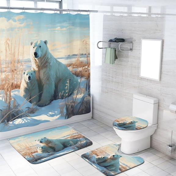 Polar Bear Shower Curtain Sets with Rugs 4 Piece Cartoon Animals Winter Forest Bear Bath Curtain for Bathroom Waterproof Fabric Bathroom Decor Set, 72x72 Inch