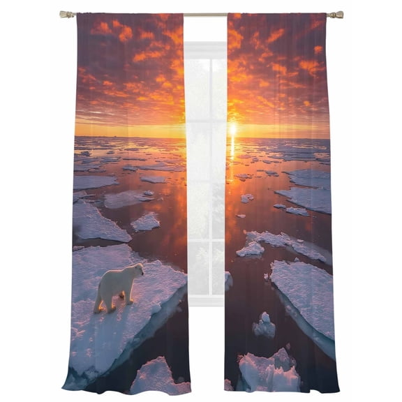Polar Bear Silhouette Sheer Curtains 84 inches Long 2 Panels Set Orange Sky Ice Ridge Animal Sheer Drapes Rod Pocket Window Curtains for Living Room/Bedroom