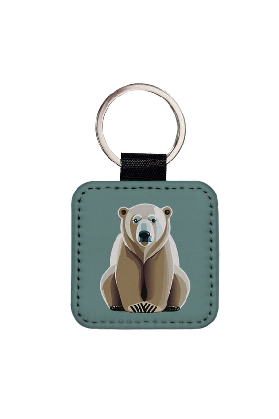 Polar Bear Sitting Faux Leather Square Keychain