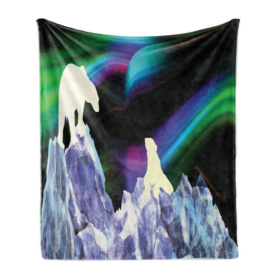 Polar Bear Soft Flannel Fleece Blanket, Aurora Borealis Mountains of Ice Crystals Psychedelic Nordic Bears Silhouettes, Cozy Plush for Indoor and Outdoor Use, 60" x 80", Multicolor, by Ambesonne