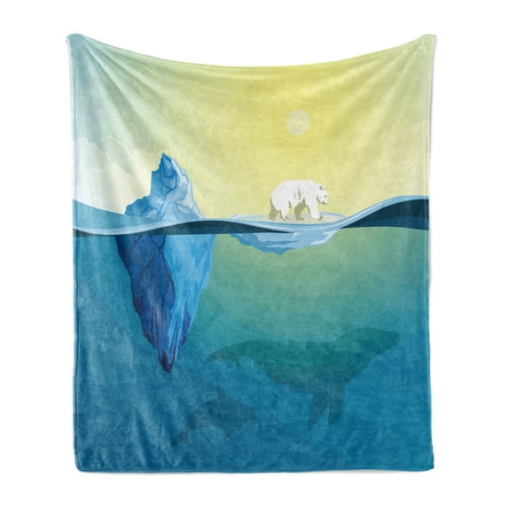 Polar Bear Soft Flannel Fleece Blanket, Polar Bear Standing on an Ice Floe Melting in Ocean with Swimming Whales Theme, Cozy Plush for Indoor and Outdoor Use, 70" x 90", Multicolor, by Ambesonne