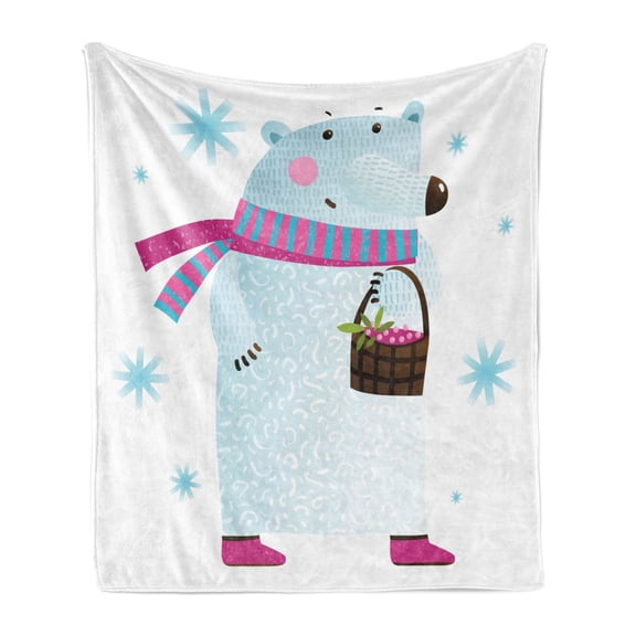 Polar Bear Soft Flannel Fleece Throw Blanket, Polar Bears with Strawberry Basket Snowflakes Winter Season Cartoon, Cozy Plush for Indoor and Outdoor Use, 50" x 70", Baby Blue Pink Brown, by Ambesonne
