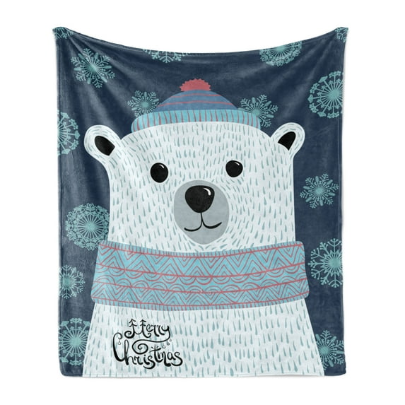Polar Bear Soft Flannel Fleece Throw Blanket, Christmas Portrait of a Bear in Winter Snowflakes Noel Kids Cartoon, Cozy Plush for Indoor and Outdoor Use, 50" x 60", Dark Blue Multicolor, by Ambesonne