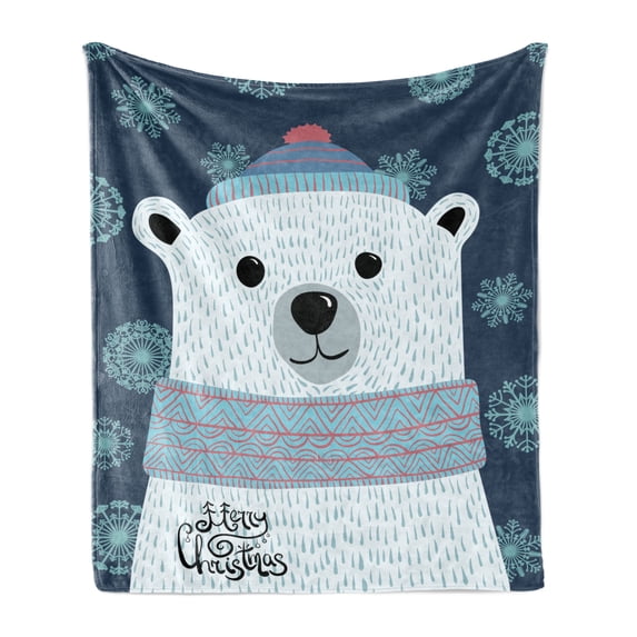 Polar Bear Soft Flannel Fleece Throw Blanket, Christmas Portrait of a Bear in Winter Snowflakes Noel Kids Cartoon, Cozy Plush for Indoor and Outdoor Use, 60" x 80", Dark Blue Multicolor, by Ambesonne