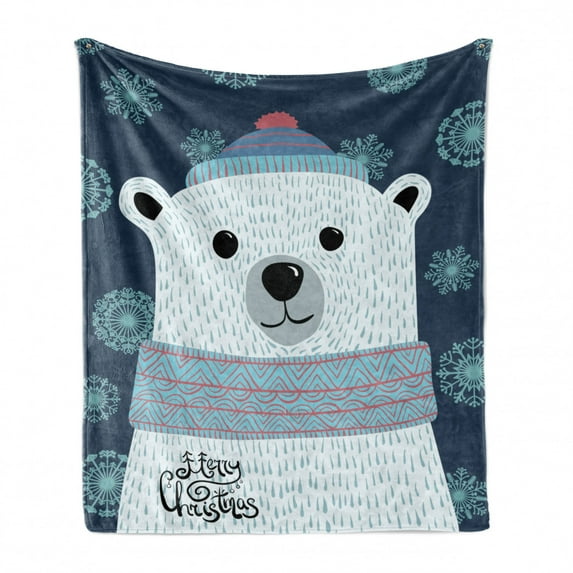 Polar Bear Soft Flannel Fleece Throw Blanket, Christmas Portrait of a Bear in Winter Snowflakes Noel Kids Cartoon, Cozy Plush for Indoor and Outdoor Use, 70" x 90", Dark Blue Multicolor, by Ambesonne