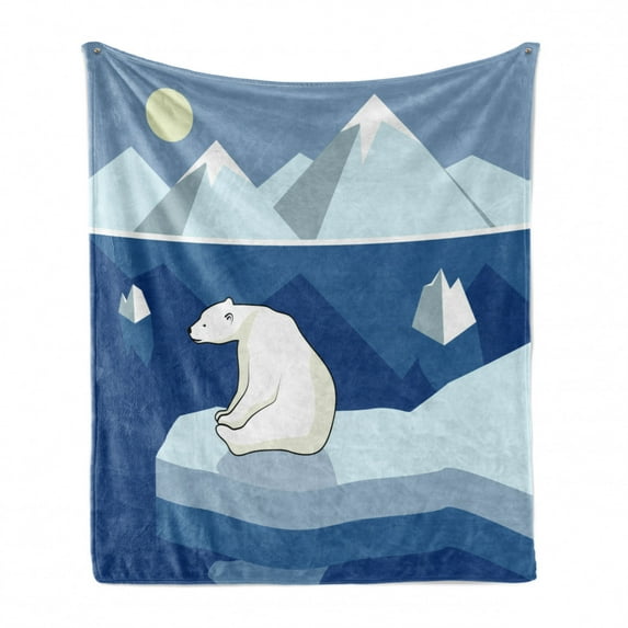 Polar Bear Soft Flannel Fleece Throw Blanket, Lonely Bear on Iceberg Watching the Night Polar Landscape Panorama, Cozy Plush for Indoor and Outdoor Use, 50" x 70", Baby Blue Navy Cream, by Ambesonne