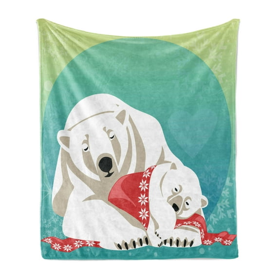 Polar Bear Soft Flannel Fleece Throw Blanket, Mother Bear Cuddling Her Cubs Parenthood Family Christmas Time with Children, Cozy Plush for Indoor and Outdoor Use, 50" x 60", Multicolor, by Ambesonne