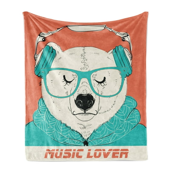 Polar Bear Soft Flannel Fleece Throw Blanket, Portrait of Music Lover Hipster Grizzly Bear with Headphones, Cozy Plush for Indoor and Outdoor Use, 50" x 60", Sea Green Coral, by Ambesonne