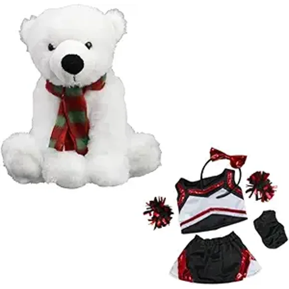Polar Bear Stuffed Toy in Metallic Red & Black Cheerleader Uniform - Cheer Bow and Pompoms Included - 16-Inch Adorable Cheerleading Stuffed Animal Gift for Kids