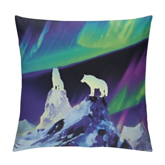 Polar Bear Throw Pillow Cushion Case Aurora Borealis Mountains of Ice Crystals Psychedelic Nordic Bears Silhouettes, Modern Accent Double-Sided Digital Printing, Multicolor