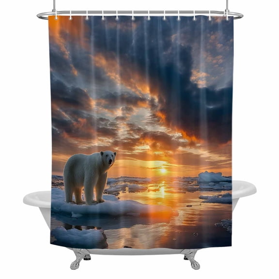 Polar Bear Walking Shower Curtain, Orange Sky Ice Ridge Animal Waterproof Fabric Bathroom Shower Curtains Set with Hooks, 72 X 72 Inch Long