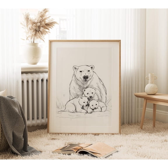 Polar Bear Wall Art Family Winter Arctic Nature Scene, Unframed Canvas 24x36in