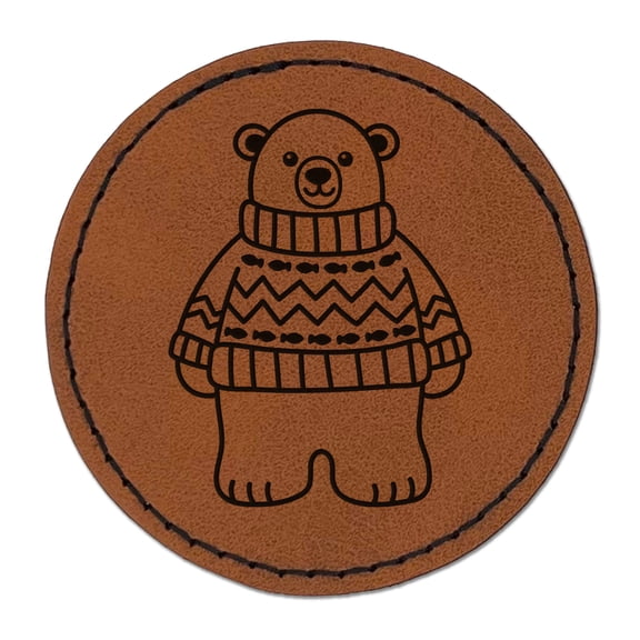 Polar Bear Wearing Sweater 2.5" Faux Leather Round Engraved Iron-On Patch - Brown