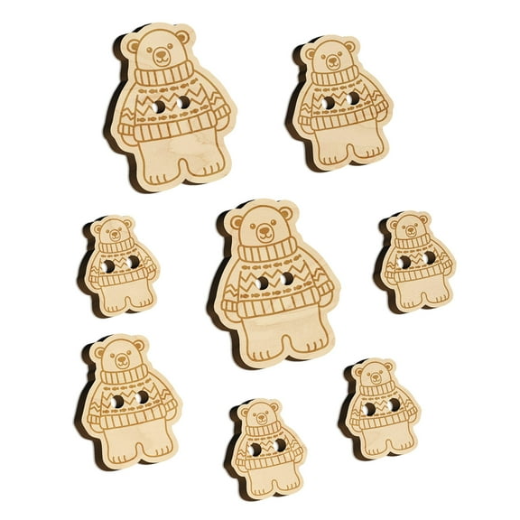 Polar Bear Wearing Sweater Wood Buttons for Crochet Knitting Sewing DIY Craft - Various Sizes (8pcs)