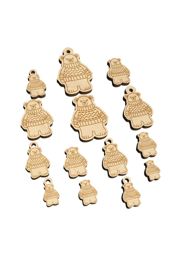 Polar Bear Wearing Sweater Wood Mini Charms Shapes DIY Craft Jewelry - No Hole - 25mm (7pcs)