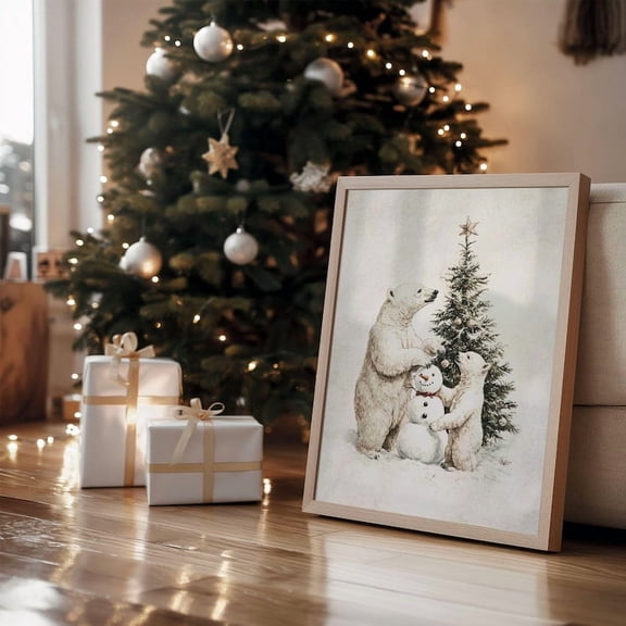 Polar Bear Winter Print, Neutral Wall Art, Rustic Winter Animal Illustration, Off White Winter Tree Decor #1443 Warm Present Vintage UNFRAMED Poster Size 8x12