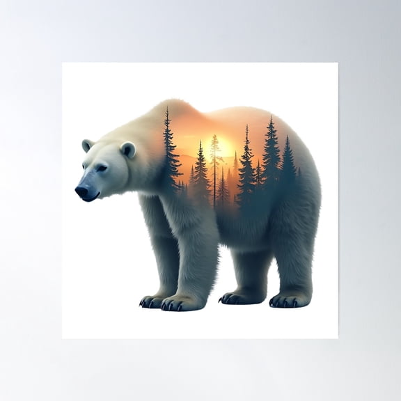 Polar Bear With A Forest Scene At Dusk - Surreal Effect Poster Wall Art, Modern Wall Decor, 16x16 UNFRAMED