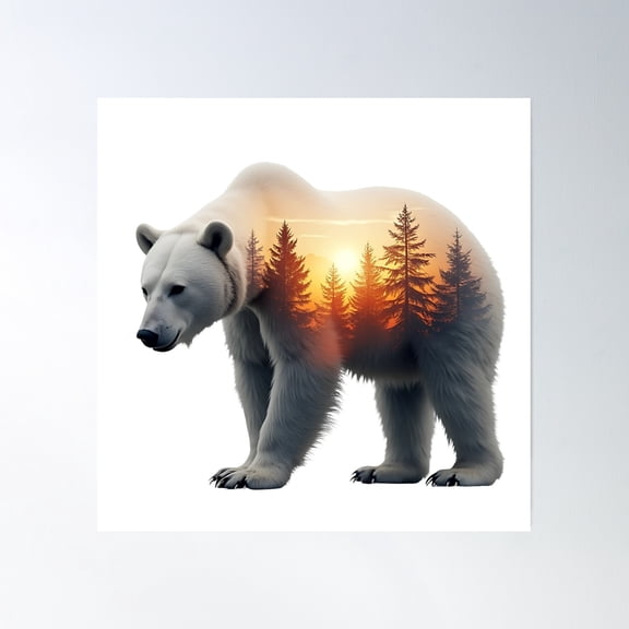 Polar Bear With A Forest Scene At Dusk - Surreal Effect Poster Wall Art, Modern Wall Decor, 16x16 UNFRAMED
