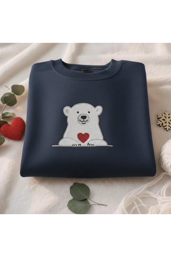 Polar Bear With Mini Heart Embroidery Sweatshirt, Cute Winter Animal Embroidery Shirt, Cozy Bear Crewneck, Sweet Bear Lover Gift