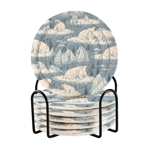 Polar Bear and Glacier Patterns Drink Coasters with Holder Absorbent Coaster for Coffee Table Room Decor 6 Pack