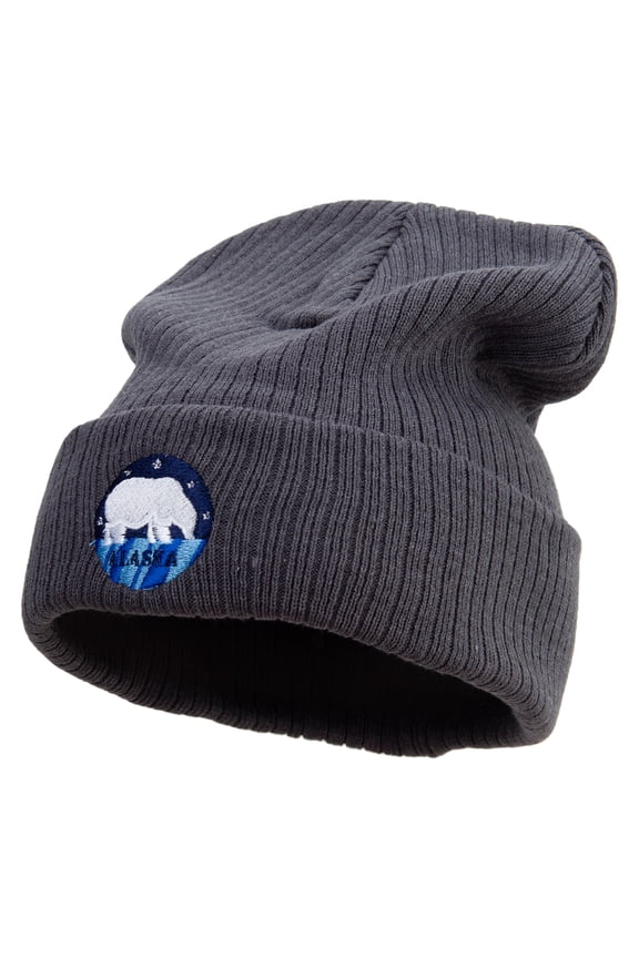 Polar Bear in Alaska Embroidered Big Size Cuff Long Beanie - Charcoal XL-3XL