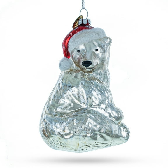 Polar Bear in Santa Hat Glass Christmas Ornament
