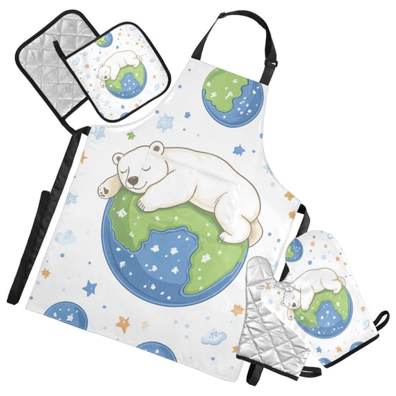 Polar Bear on Earth Stars Clouds Cartoon Apron Set with Oven Mitts Pot Holders Set of 5 Kitchen Stuff Accessories