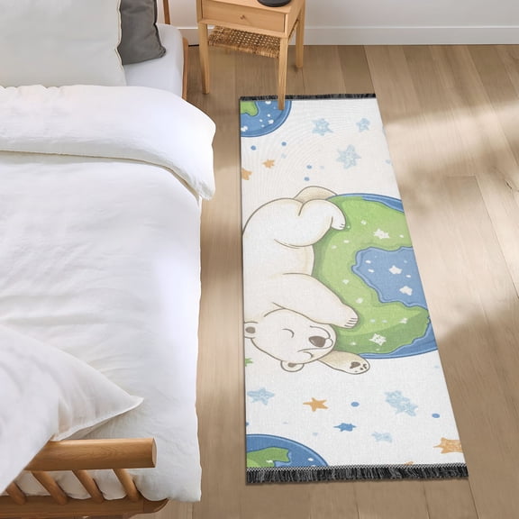 Polar Bear on Earth Stars Clouds Cartoon Bedside Runner Rug 2'x 6' Non Slip Carpet Floor Mat Area Rug