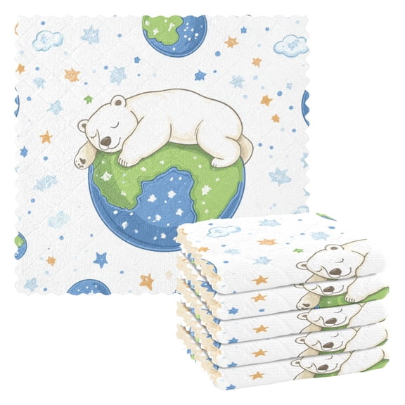 Polar Bear on Earth Stars Clouds Cartoon Dish Cloths Dish Towels Cleaning Cloths Quick Drying Reusable 11" x 11" Set of 6