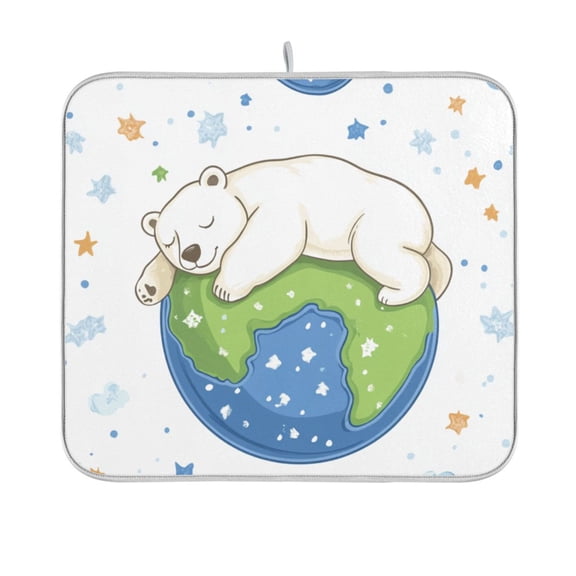 Polar Bear on Earth Stars Clouds Cartoon Dish Drying Mat Absorption Pad Kitchen Drainer for Counter Dinning Table 16" x 18"