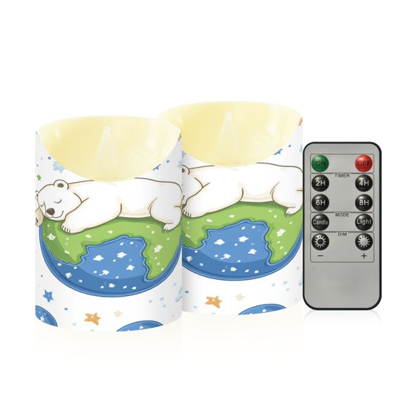 Polar Bear on Earth Stars Clouds Cartoon Flickering Flameless Candles with Remote Timer Battery Operated LED Tealight Set of 2 M