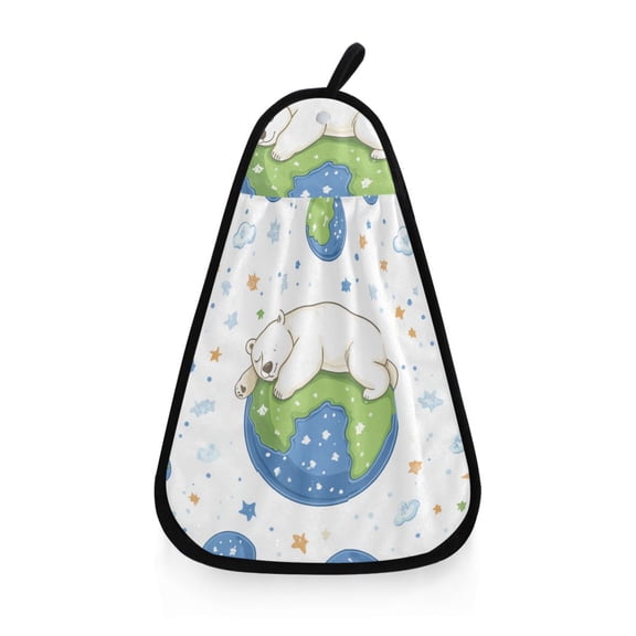 Polar Bear on Earth Stars Clouds Cartoon Hanging Towel Hand Towel with Hook Dish Cloth for Kitchen Bathroom