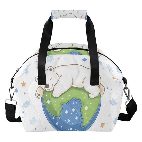 Polar Bear on Earth Stars Clouds Cartoon Insulated Lunch Bag Reusable Quilted Lunch Box Waterproof Leakproof Lunch Container