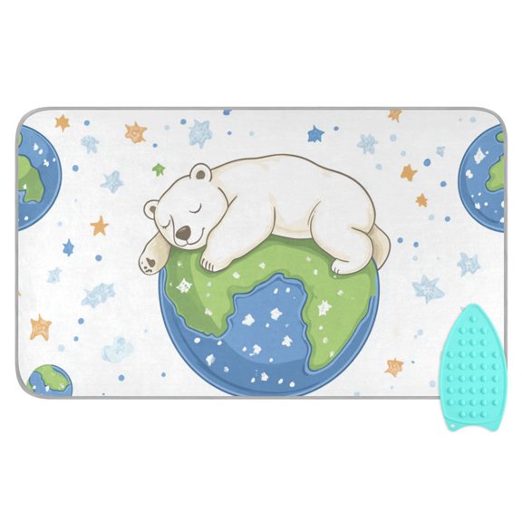 Polar Bear on Earth Stars Clouds Cartoon Ironing Mat Blanket Portable Travel Ironing Pad Heat Resistant Pad 47.2" x 27.6