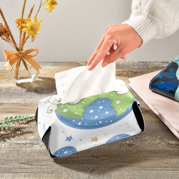Polar Bear on Earth Stars Clouds Cartoon Leather Tissue Box Cover Rectangle Tissue Holder Foldable