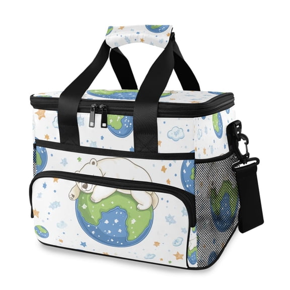 Polar Bear on Earth Stars Clouds Cartoon Portable Cooler Lunch Box Reusable Insulated Lunch Bag Leakproof 15L