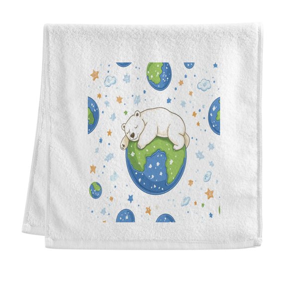Polar Bear on Earth Stars Clouds Cartoon Pure Cotton Towels Bath Towel Quick Drying for Bathroom Beach Sports 16" x 30"