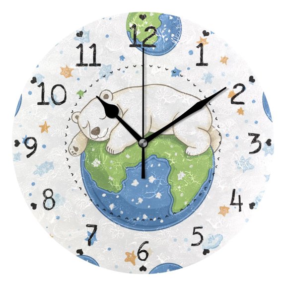 Polar Bear on Earth Stars Clouds Cartoon Round Wall Clock Silent Analog Battery Operated Black Pointer Home Decor 9.84" Diameter