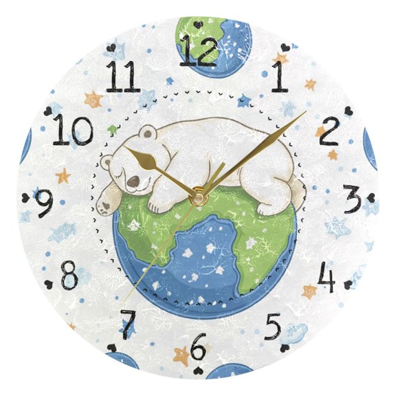 Polar Bear on Earth Stars Clouds Cartoon Round Wall Clock Silent Analog Battery Operated Gold Pointer Home Decor 9.84" Diameter