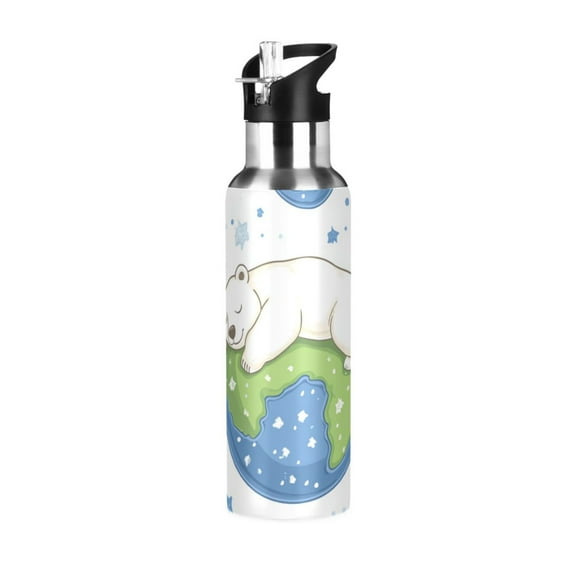 Polar Bear on Earth Stars Clouds Cartoon Sports Bottle with Straw Stainless Steel Water Jug Portable Thermal Cup Leak-proof 600ML